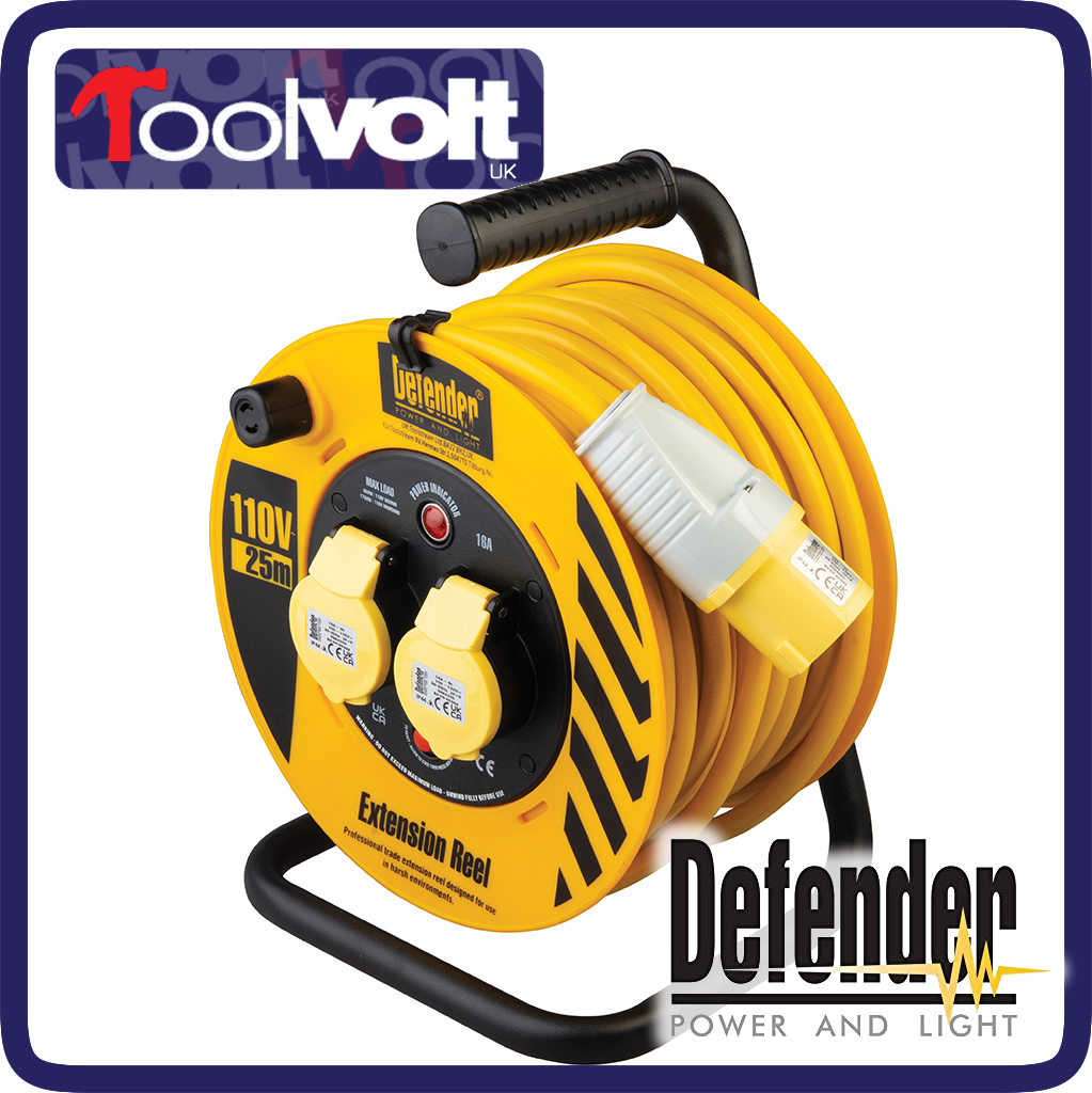 Defender 110 Volt Cable Reel Extension Lead 2 Gang Sockets 25m. E86450