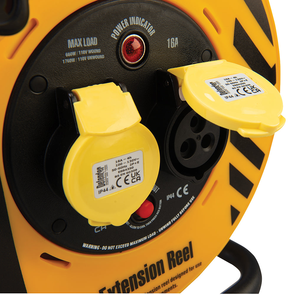 Defender 110 Volt Cable Reel Extension Lead 2 Gang Sockets 25m. E86450