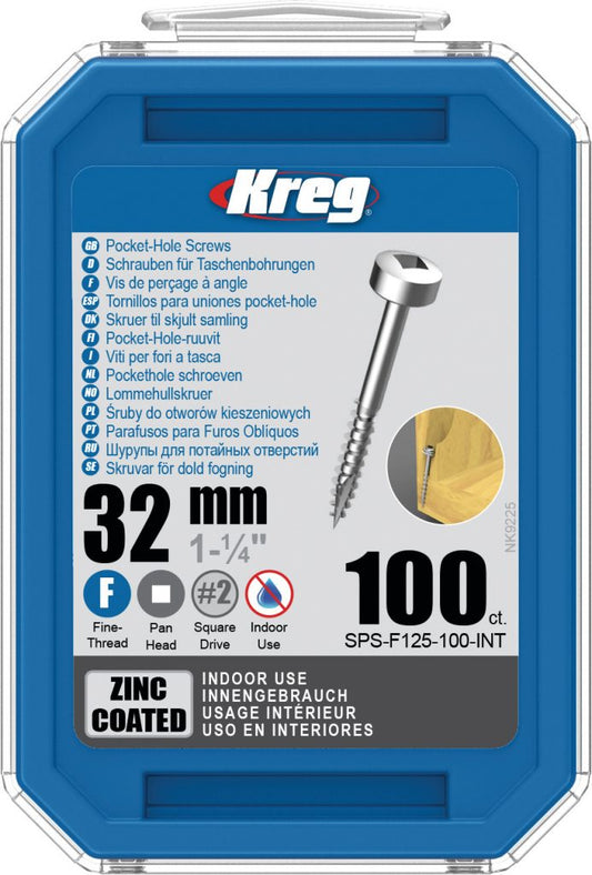 Kreg Pocket Hole Screws SPS-F125-100-EUR Pan Head Fine 32mm. 6 x 1-1/4"